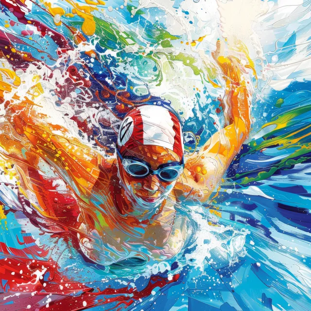 A freestyle swimmer moves through a bright pool, creating vivid splashes and motion streaks around the figure.
