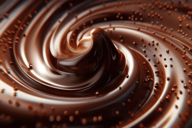3D Melted Chocolate Swirl Swirls Close-Up on Dark Cocoa Background