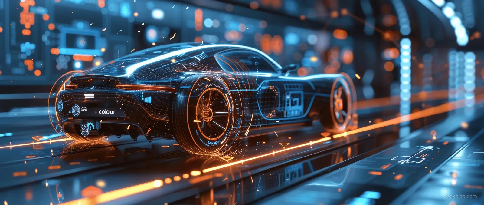 A sleek electric car on a glowing circuit road with holographic EV battery and motor diagrams hovering above.
