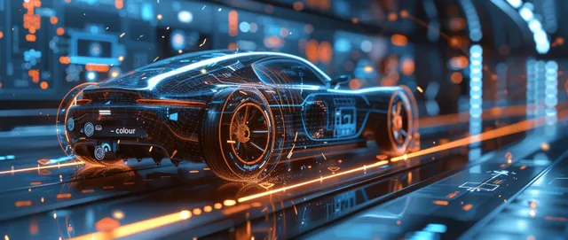 A sleek electric car on a glowing circuit road with holographic EV battery and motor diagrams hovering above.