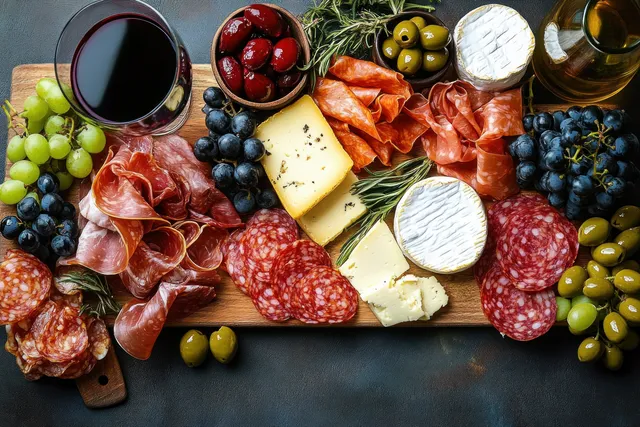 Charcuterie board with cured meat slices, assorted cheeses, grapes and olives, plus a glass of red wine.