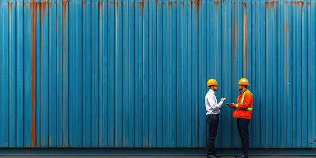 Two construction workers in helmets stand talking beside a blue corrugated metal wall outdoors.