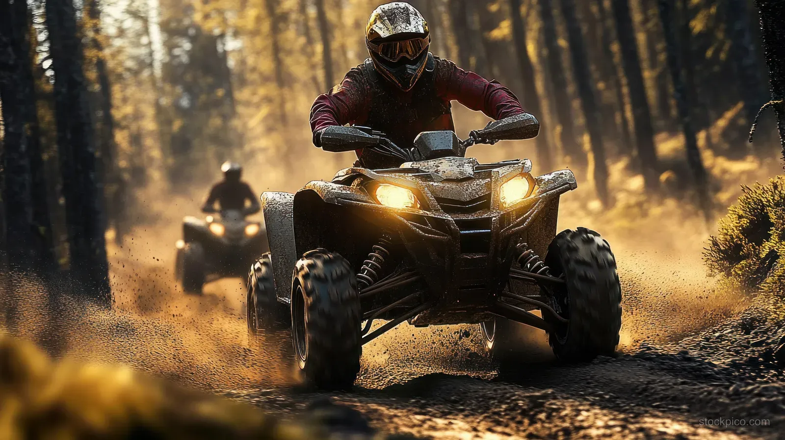 Two ATV riders race down a dusty forest trail, helmets and goggles visible as dirt clouds rise.