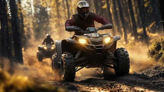 Two ATV riders race down a dusty forest trail, helmets and goggles visible as dirt clouds rise.