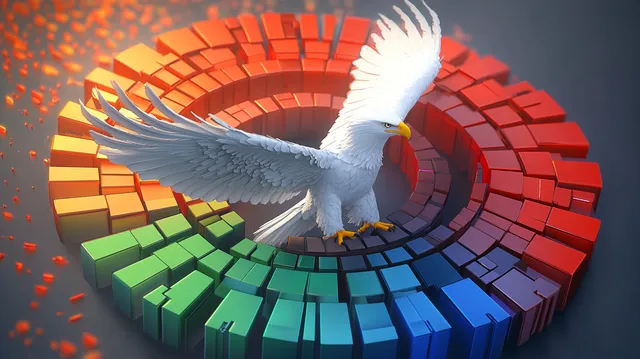 White eagle perched with wings spread on glowing concentric blocks in green-to-red gradient