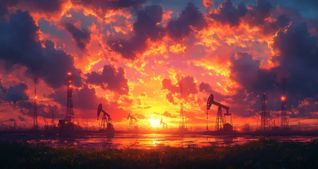 Silhouetted oil drilling rigs and pipelines at sunset with a fiery clouds sky over an oilfield.