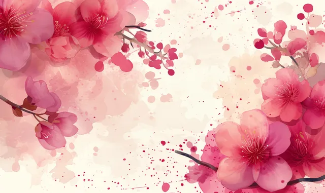 Pink cherry blossom branches with watercolor blooms and scattered petals frame a pale background for wedding stationery.