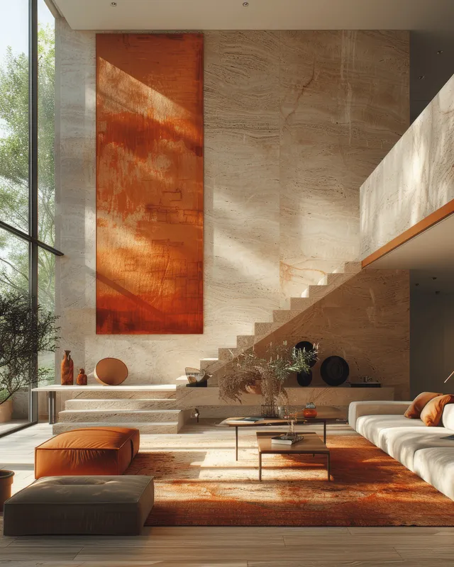 Minimalist living room interior featuring an orange armchair, framed wall art, and a staircase in warm sunlight.