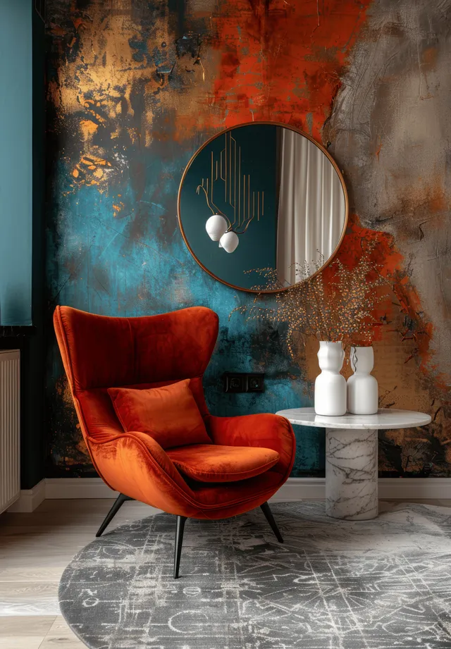 Red velvet barrel chair next to a marble side table and vases under a round wall mirror on a textured wall.