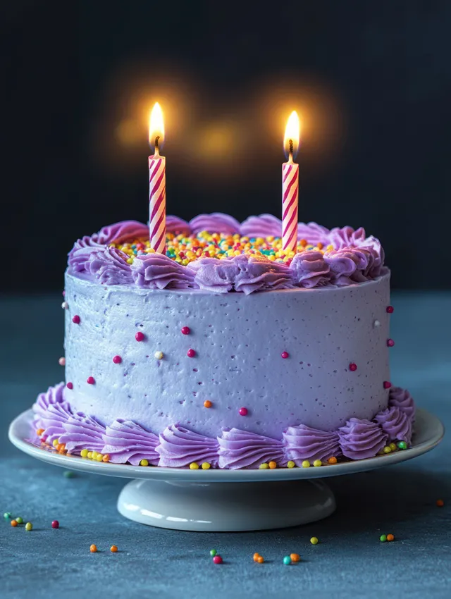 Purple frosted birthday cake with sprinkles and two lit striped candles on a stand with Festive Food Styling
