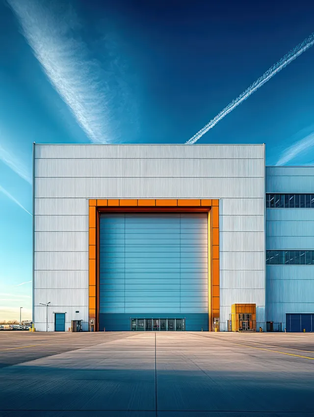 Orange-framed loading bay door of an industrial warehouse under a blue sky with an airplane contrail overhead.