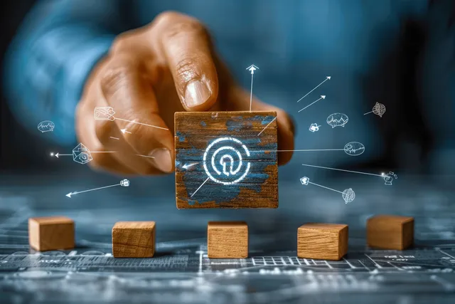 A hand holds a wooden block with a target arrow symbol above stacked blocks and a digital planning interface.