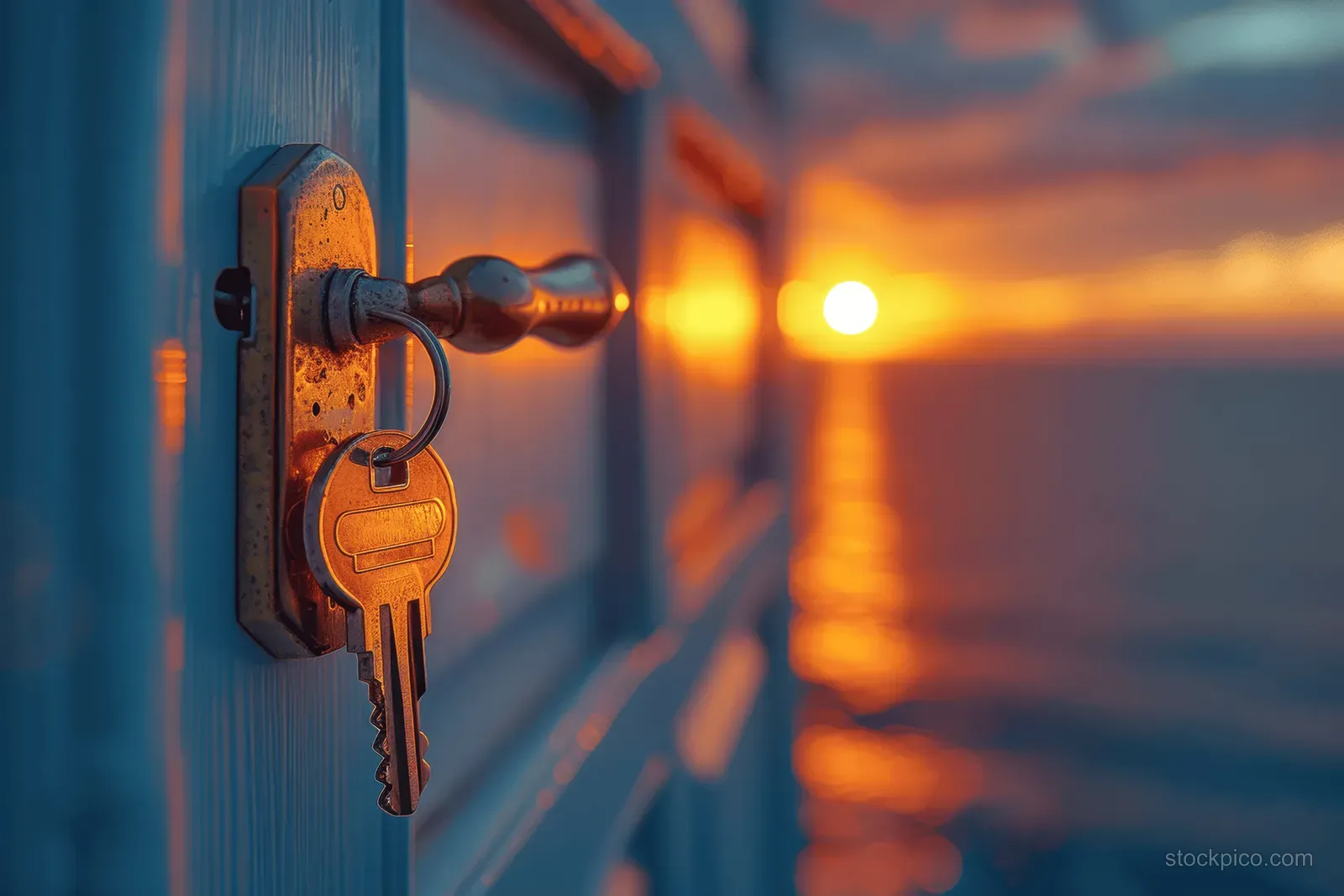 Brass keys hang on a hotel room door as a sunset sea view glows in the hallway.