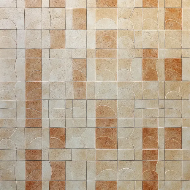 Close-up of a beige and brown square tile wall with curved and straight line patterns forming a repeating grid.