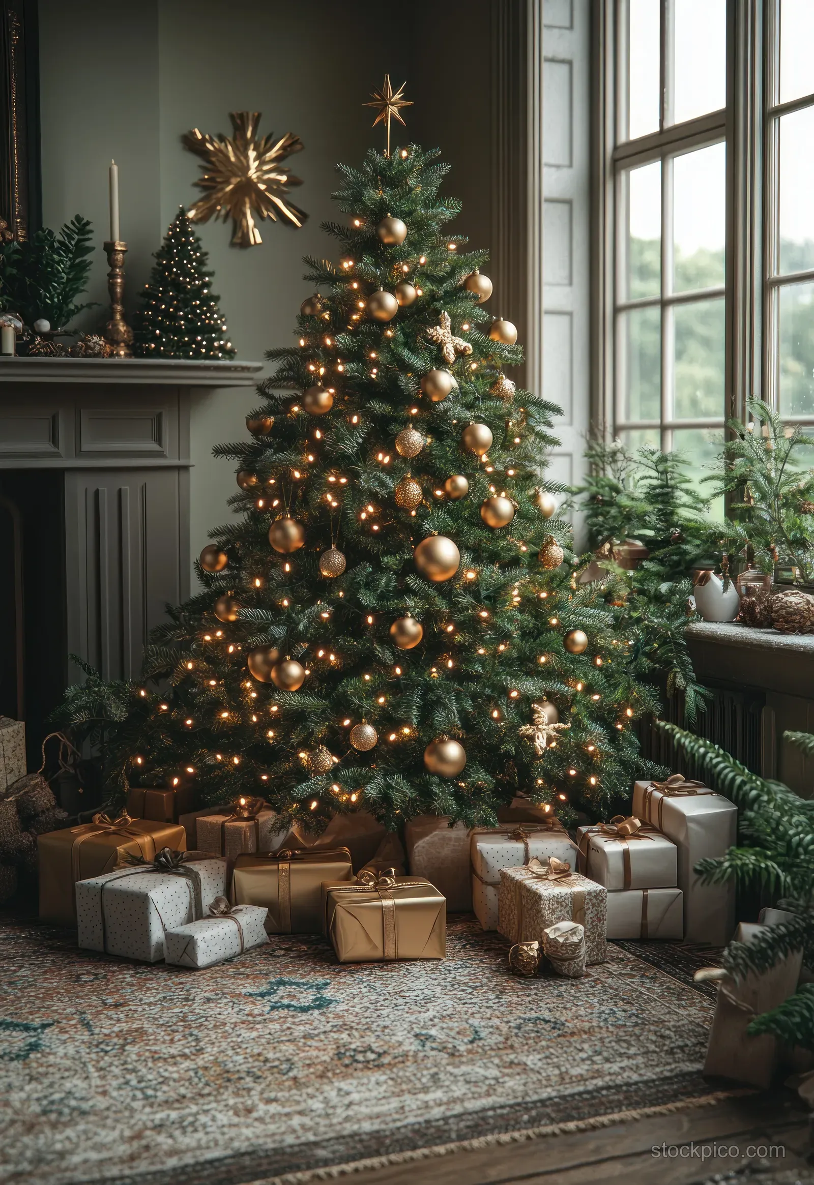 A cozy minimalist Christmas living room with a decorated tree, wrapped gifts, and soft warm lighting for a festive atmosphere.