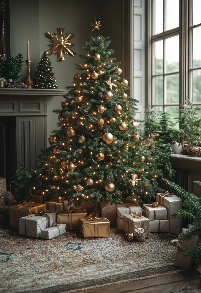 A cozy minimalist Christmas living room with a decorated tree, wrapped gifts, and soft warm lighting for a festive atmosphere.