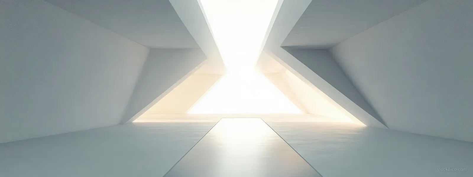 Minimalist white interior shows sharp geometric walls converging toward a bright natural light opening.