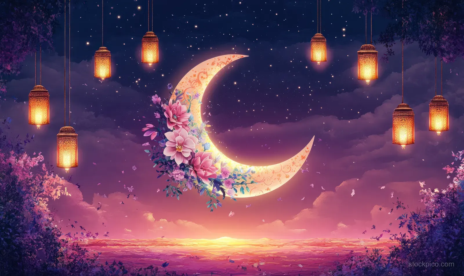 A glowing crescent moon floats in a purple night sky above clouds, framed by hanging lanterns and flowers.