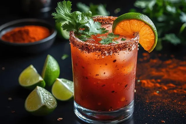 Spicy reddish cocktail in a clear glass with lime wedge, cilantro, and chili rim garnish
