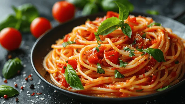 Spaghetti with tomato sauce and basil leaves on black plate, top-down flat lay