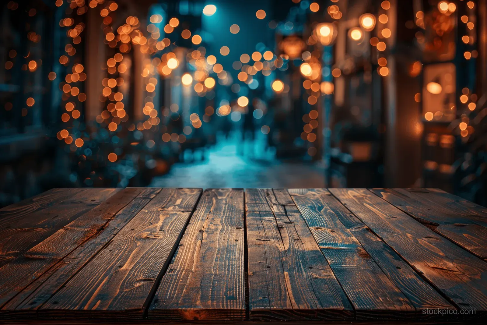 Empty wooden table top in the foreground with blurred golden and blue bokeh lights over a dark background.