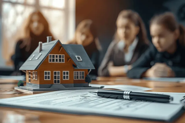 House model on an office desk next to a contract and pen with blurred professionals in the background.