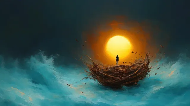 Silhouette stands on a floating bird’s nest in the sky while birds fly around a bright yellow sun.