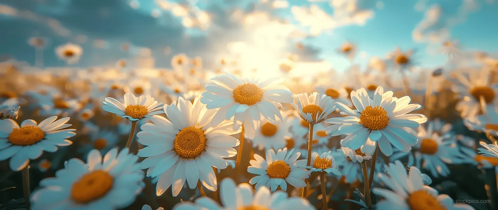 White daisies bloom in a sunny meadow under a blue sky with soft-focus sunlight.