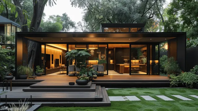 Renovated Melbourne home opens to a lit deck and patio with landscaped backyard greenery and open living interior.