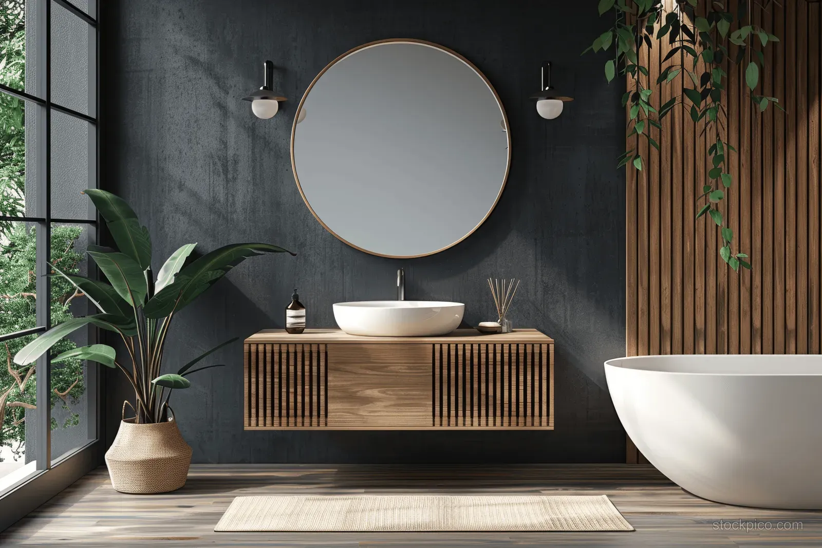 Round mirror and wooden vanity with a white vessel sink beside a freestanding bathtub and potted plants in a modern bathroom.