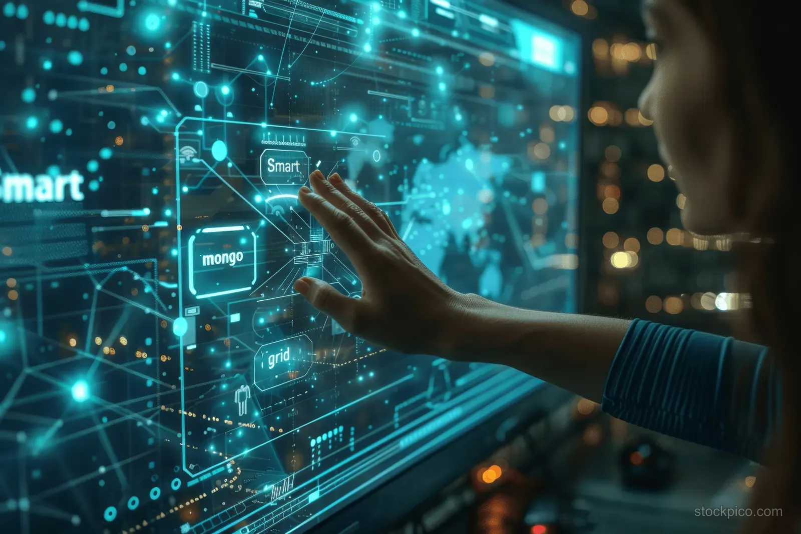 A person points at a holographic smart grid dashboard with glowing network lines and energy icons.