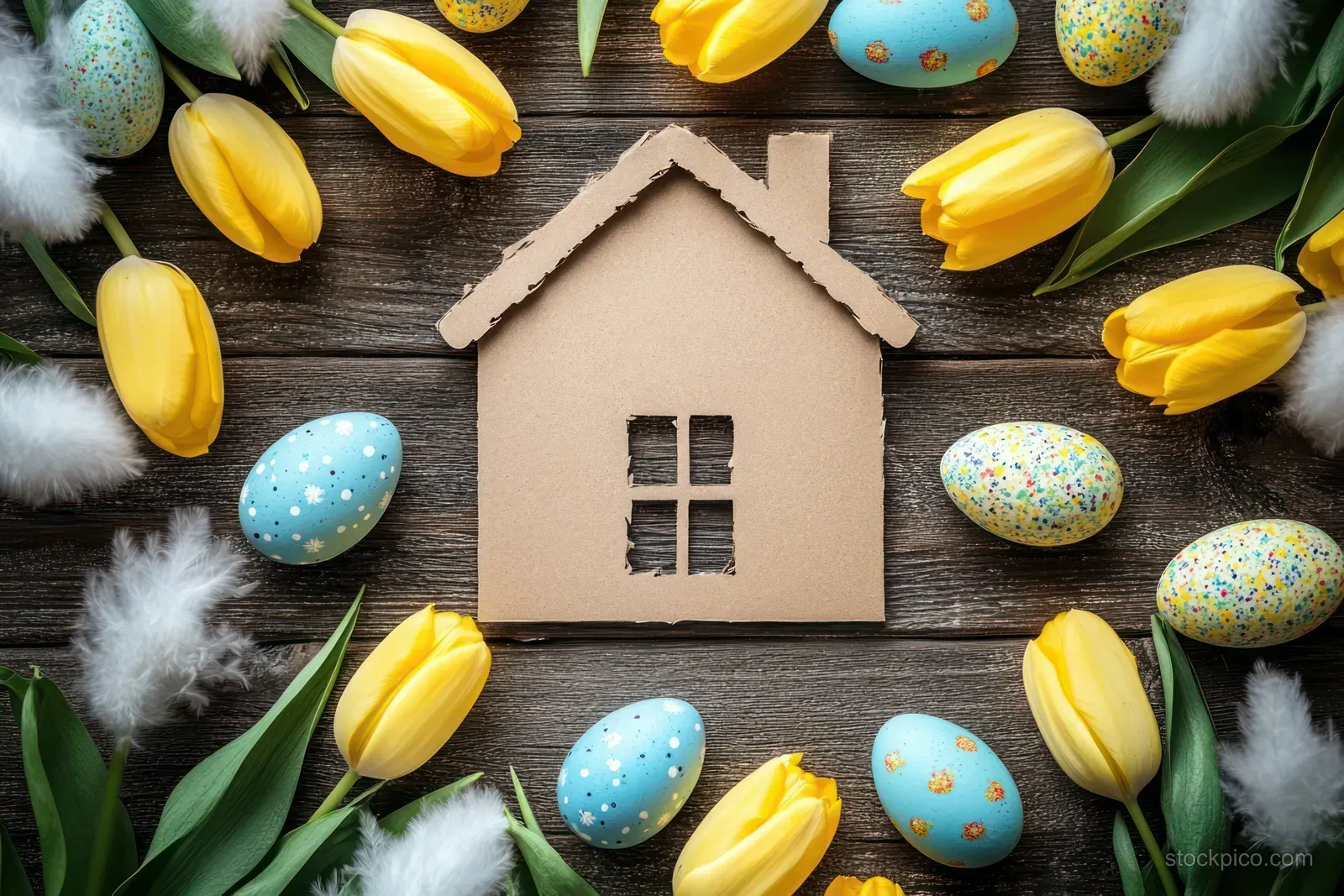 Cardboard house centerpiece surrounded by yellow tulips, blue speckled Easter eggs, and white feathers on wood.