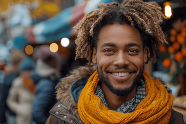 A young person in a yellow scarf holding a coffee cup at an autumn street market with wooden stalls.