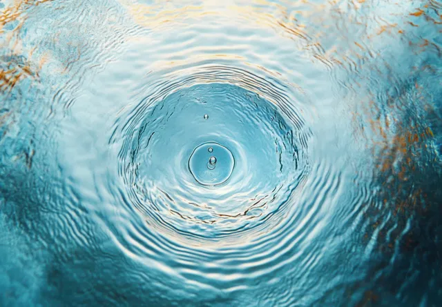 A water droplet impact creates concentric ripples on a blue surface, with reflections and small bubbles.