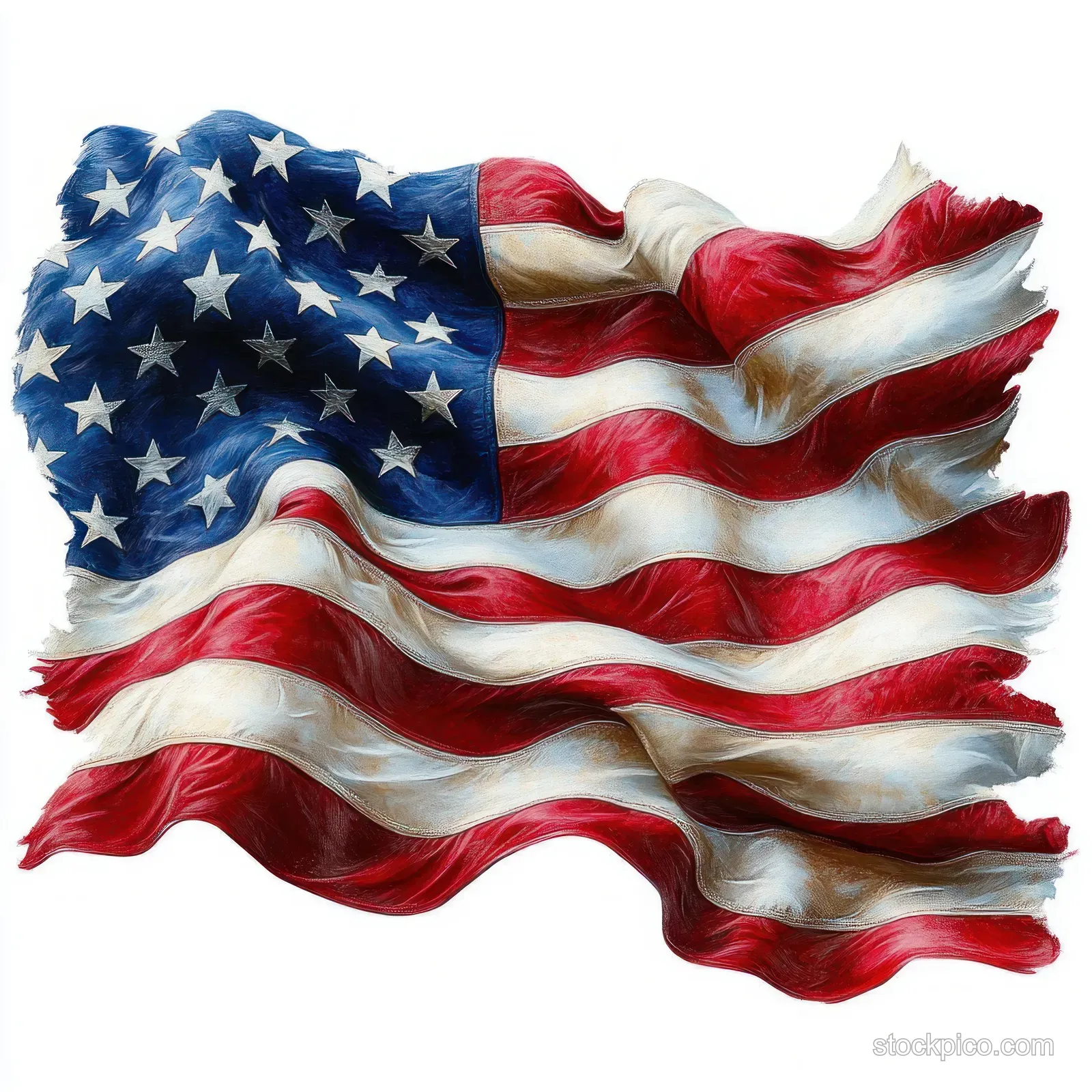 American flag waves with red and white stripes and blue star field across a white background.