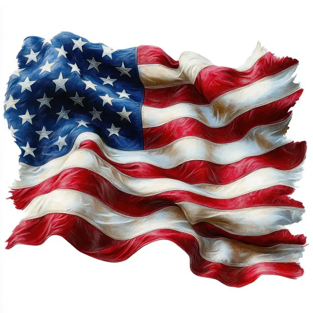 Waving American flag with stars and stripes, red white blue fabric on white backdrop
