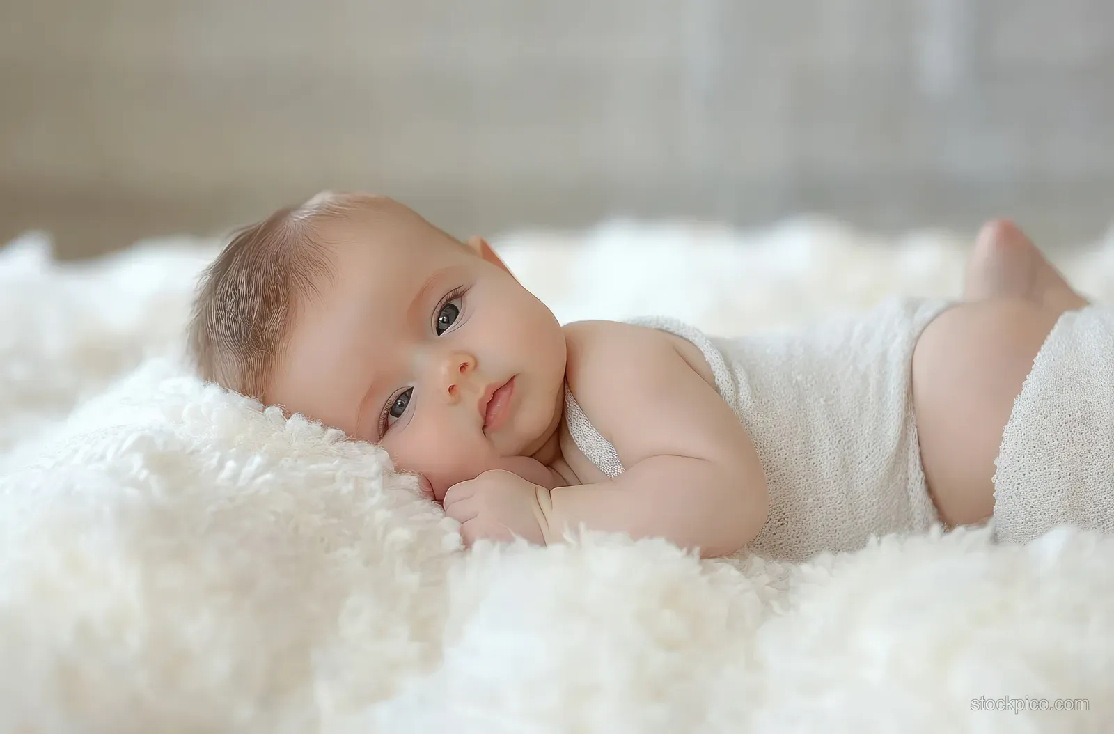 A peaceful newborn baby lies on a soft white blanket looking calmly at the camera indoors.