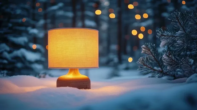 Warm table lamp glowing on snowy ground beside pine branches as blurred twinkling lights shimmer in the winter forest.