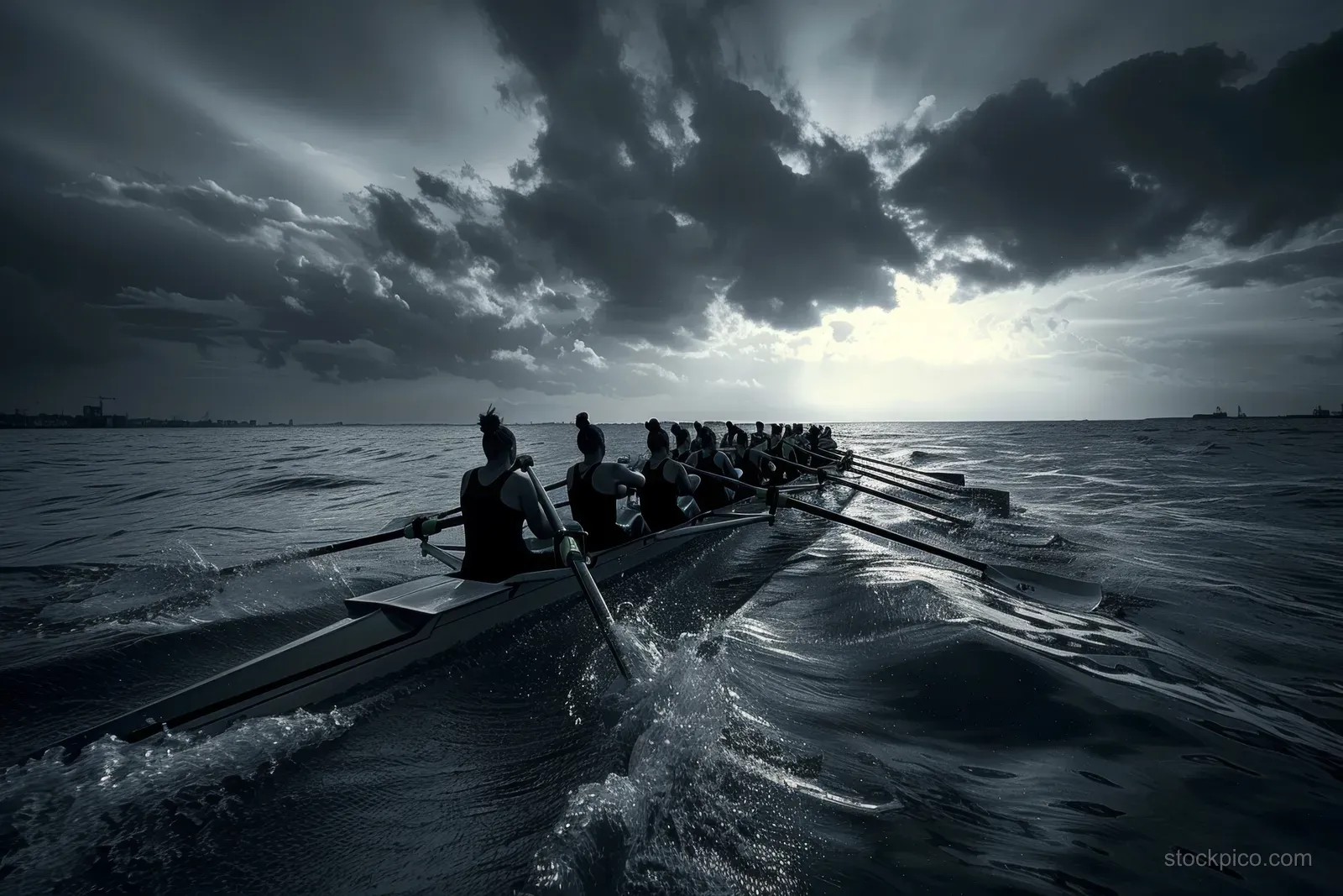A women’s rowing crew drives a boat forward on dark dusk water as oars splash beside them.