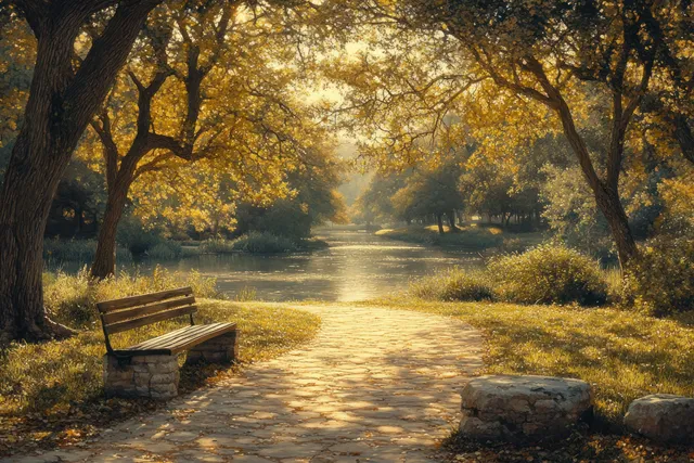 Family strolling along a shaded park path with sunlit trees and a seated bench