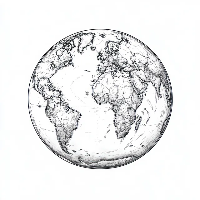 Minimalist continuous line art globe with continents and ocean shading on white with Ink Like Texture