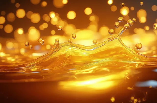 Golden liquid splash erupts in macro view with suspended droplets and glowing bokeh