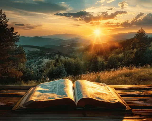 An open book on a wooden table at sunset with mountains and a green meadow visible behind it.