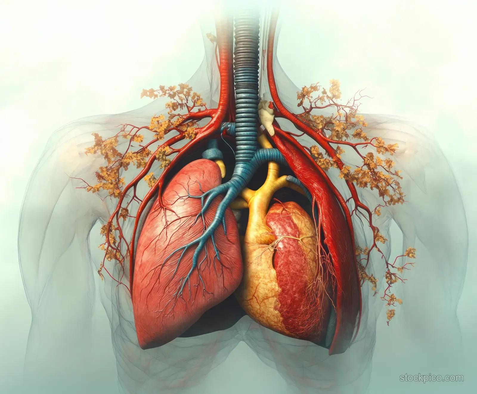 Surreal cutaway chest anatomy showing glowing heart, lungs, and branching blood vessels in a misty atmosphere.