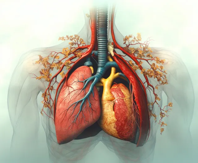 Surreal cutaway chest anatomy showing glowing heart, lungs, and branching blood vessels in a misty atmosphere.