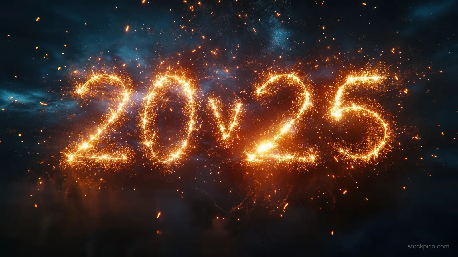 Gold fireworks form the number 2025 over a dark night sky with sparkling particles and light smoke.