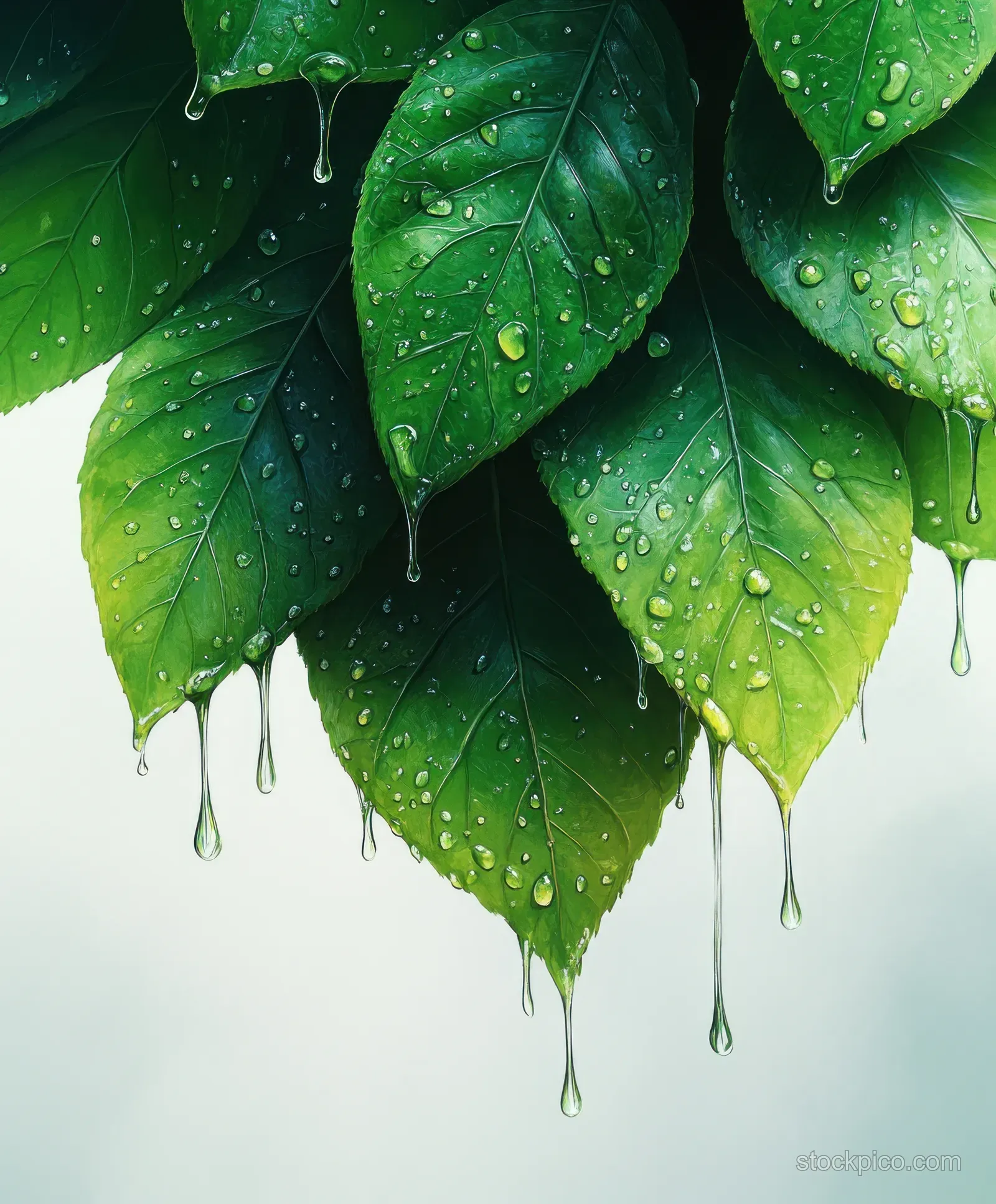 Macro closeup of fresh green aloe leaves with droplets of gel hanging down on a white background.