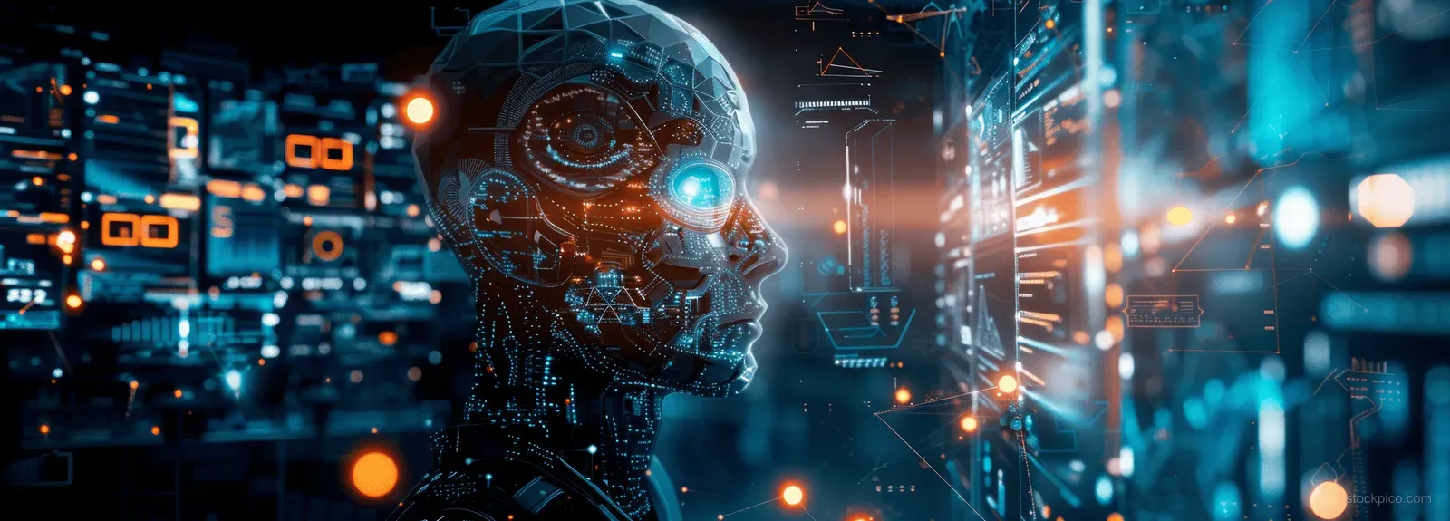 Glowing AI robot head hologram floats over blurred servers and streaming network data icons.