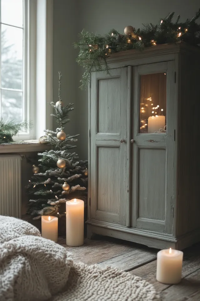Warm candles and greenery decorate a wooden cabinet in a Scandinavian living room beside an evergreen tree by a window.