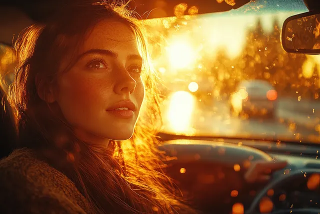 Smiling woman driving at sunset, sunlit dashboard glow, hands on steering wheel